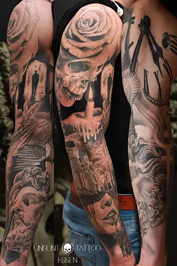 tattoo arm mann sleeve tattoo totenkopf